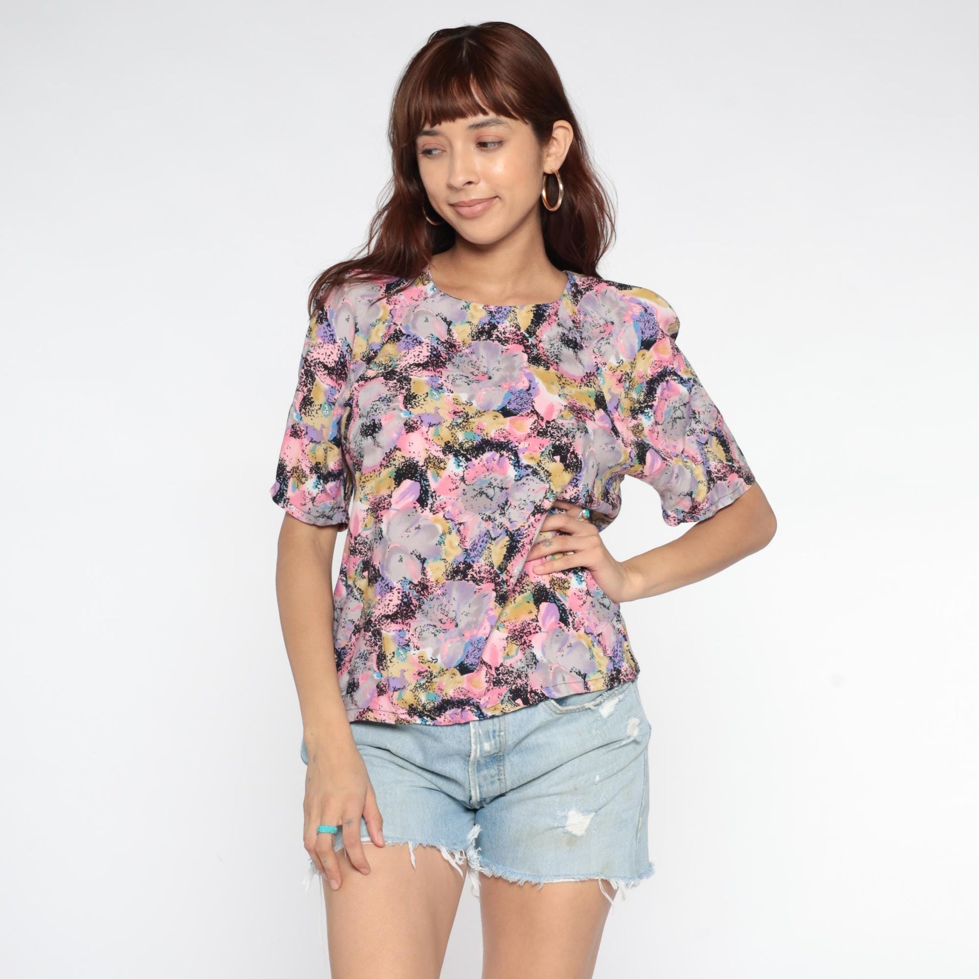 90s Floral Rayon Top Pastel Watercolor Print Scoop Neck Short Sleeve Small