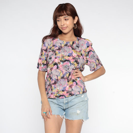 90s Floral Rayon Top Pastel Watercolor Print Scoop Neck Short Sleeve Small