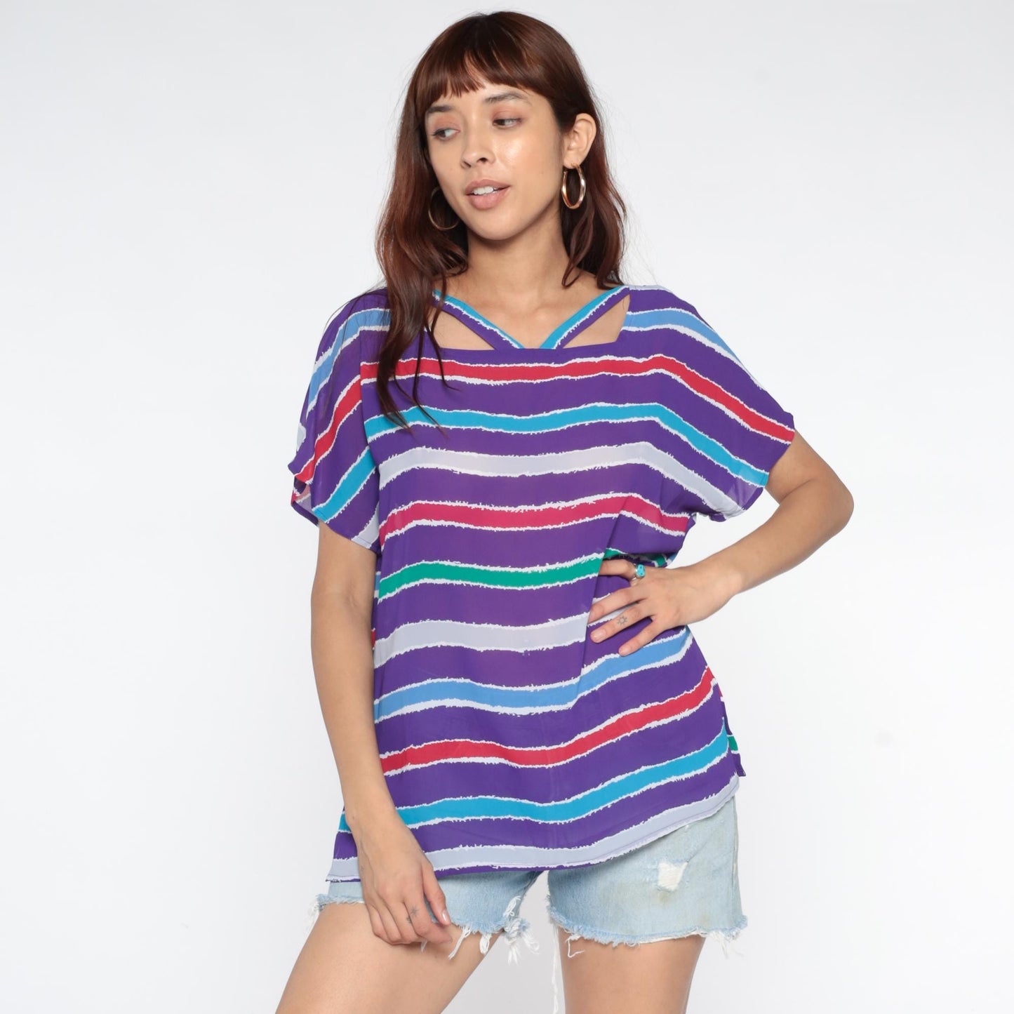 80s Purple Striped Tunic Cutout Back Geometric Short Sleeve Medium