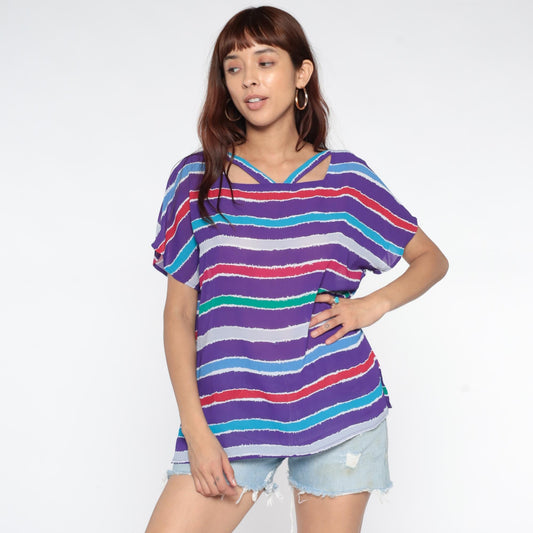 80s Purple Striped Tunic Cutout Back Geometric Short Sleeve Medium