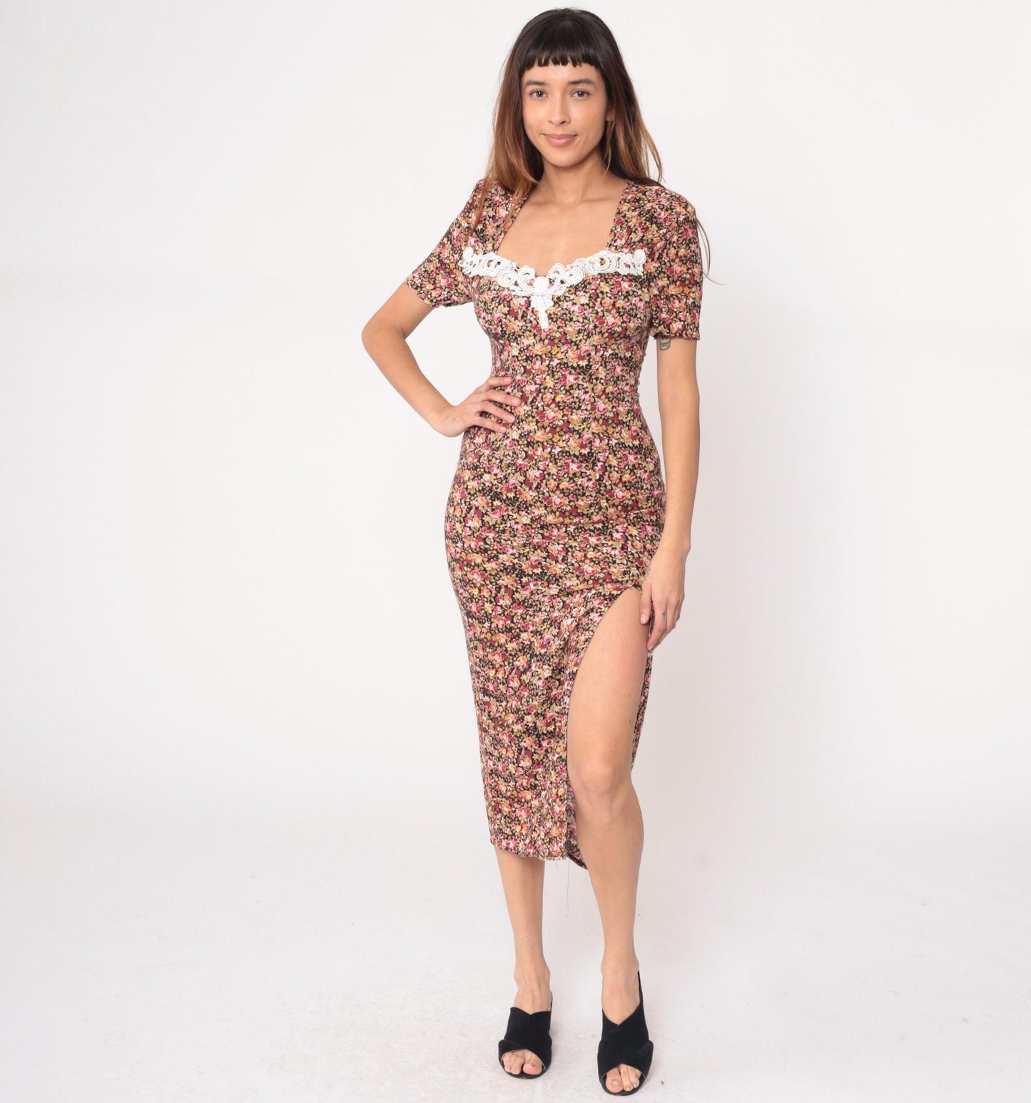 90s Floral Midi Dress Sweetheart Neckline Lace Trim Black Pink Small S