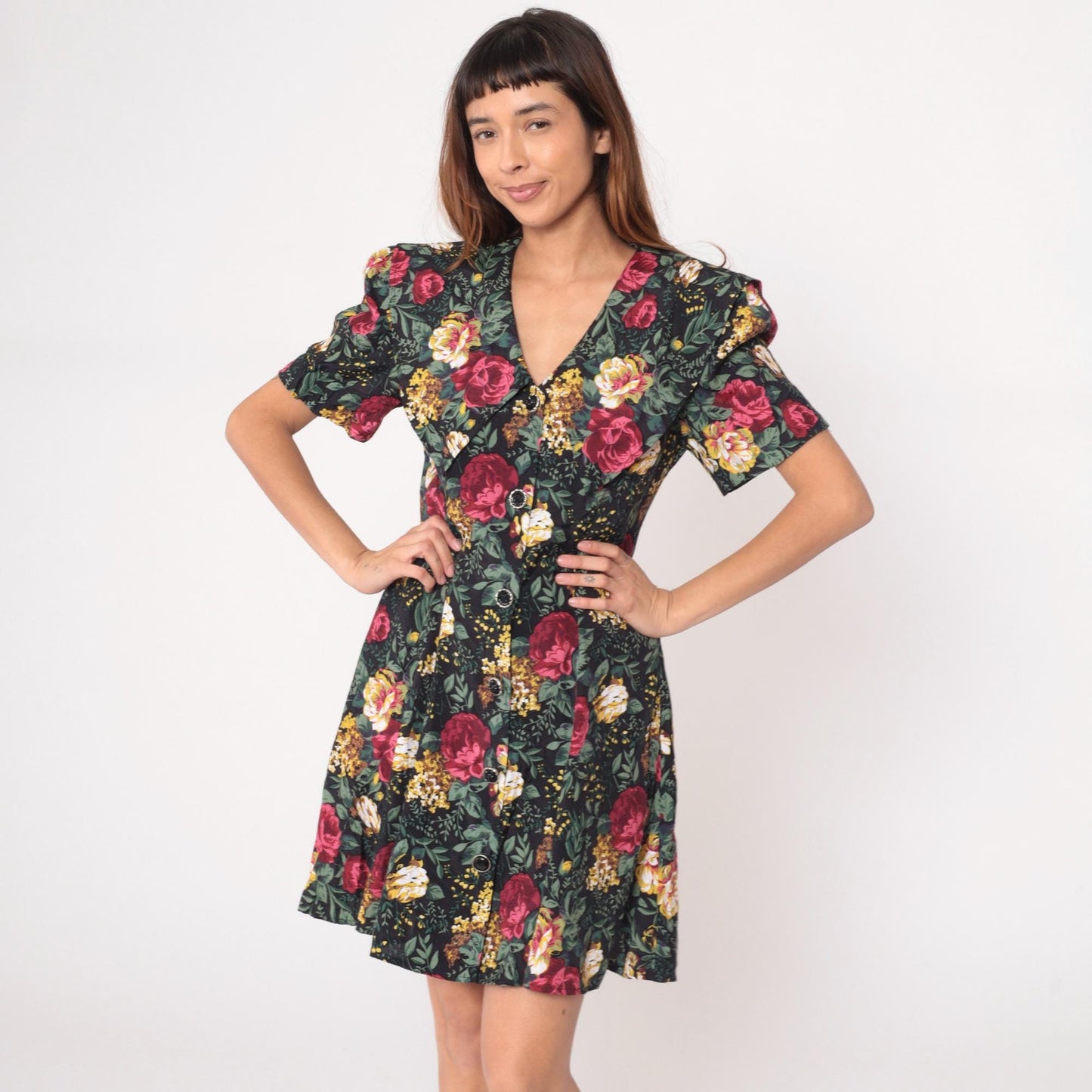 90s All That Jazz Floral Mini Dress Black Button Front V Neck Puff Sleeve Large