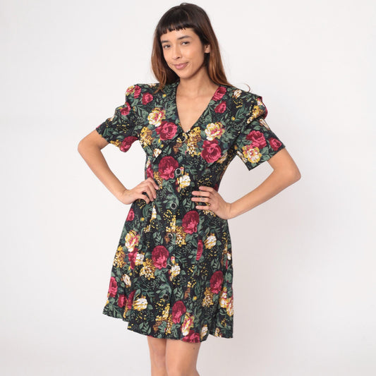90s All That Jazz Floral Mini Dress Black Button Front V Neck Puff Sleeve Large