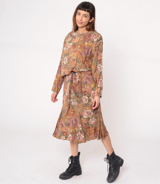90s Carole Little Floral Midi Dress Long Sleeve Blouson Waist Brown Medium