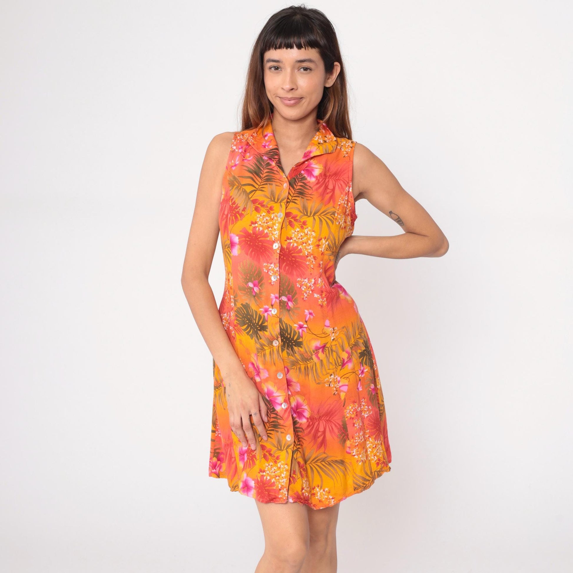 90s Impressions Tropical Floral Mini Dress Button Front Sleeveless Medium M