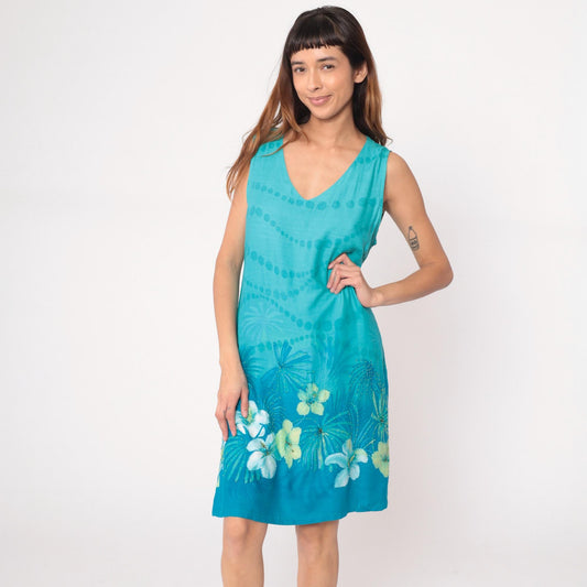 Y2K Hi Lites Hawaiian Dress Tropical Print Turquoise Knee Length Large L