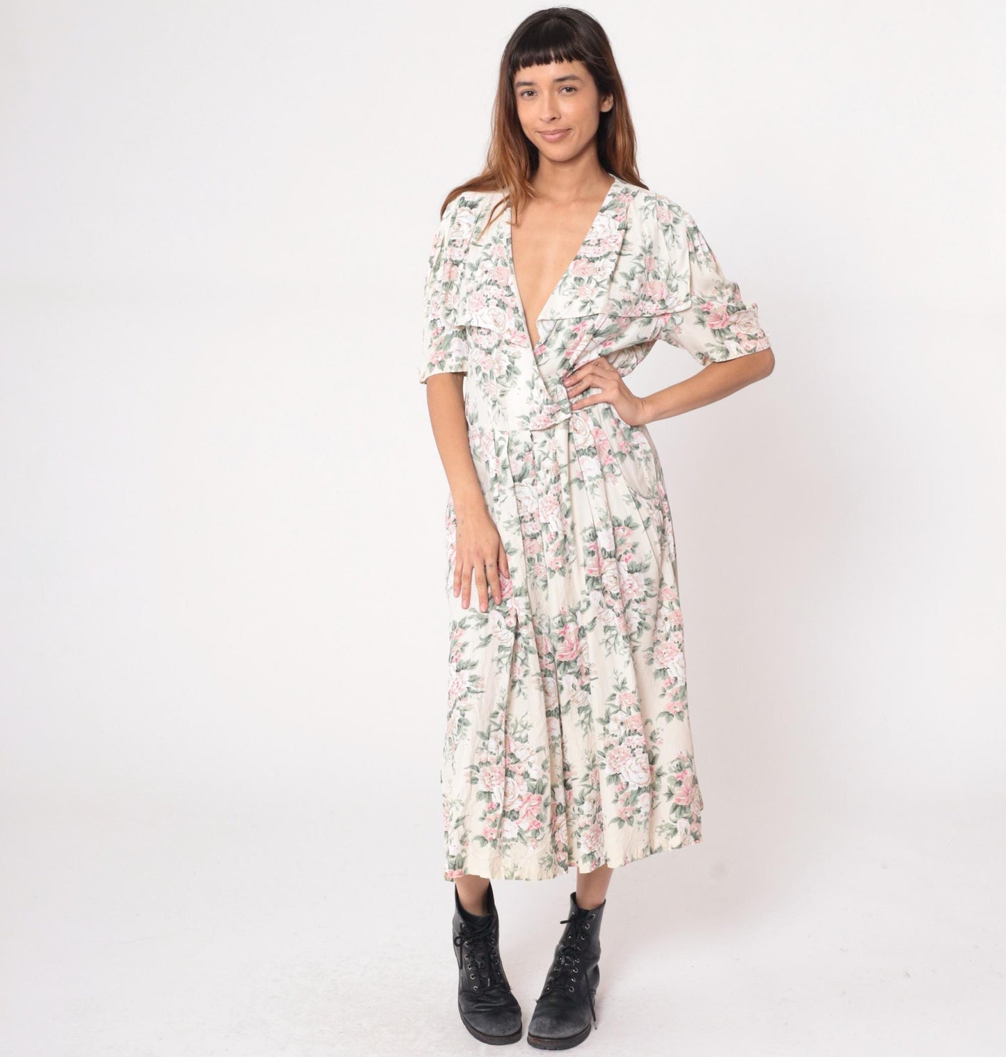 90s Jessica Ryan Floral Midi Dress Pink Rose Print Cream Flutter Sleeve Large