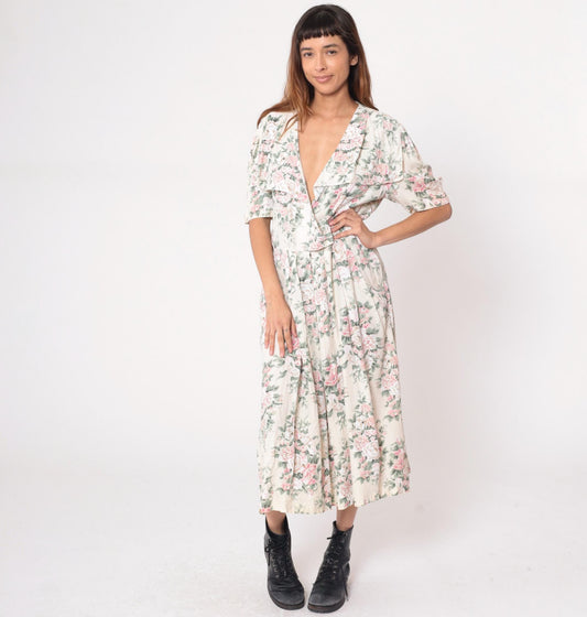 90s Jessica Ryan Floral Midi Dress Pink Rose Print Cream Flutter Sleeve Large