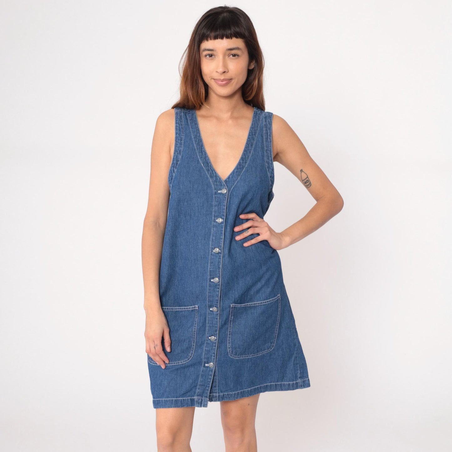 90s Northwest Blue Denim Dress Button Front Sleeveless Knee-Length Medium M
