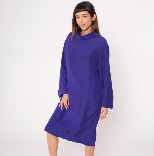 90s YL by Yair Purple Silk Dress Cowl Neck Long Sleeve Knee-Length Large L