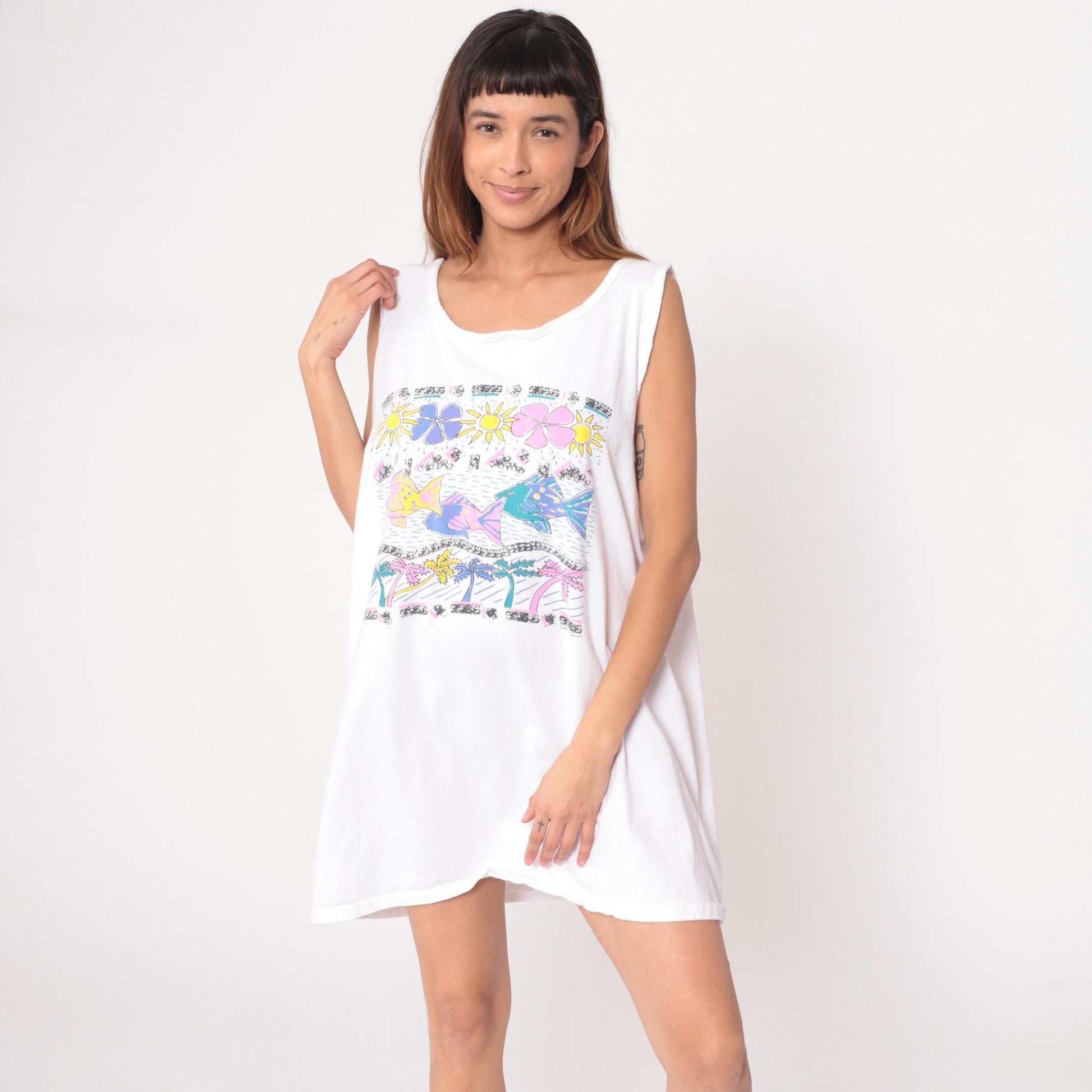 80s White House Tropical Fish Floral Mini Dress Sleeveless Cotton One Size