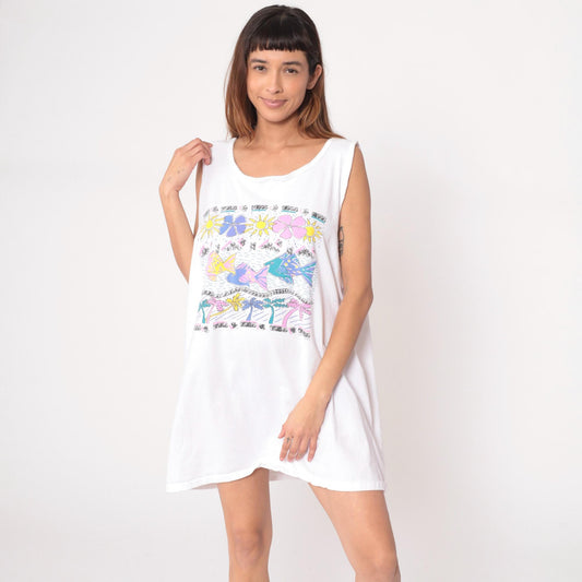 80s White House Tropical Fish Floral Mini Dress Sleeveless Cotton One Size