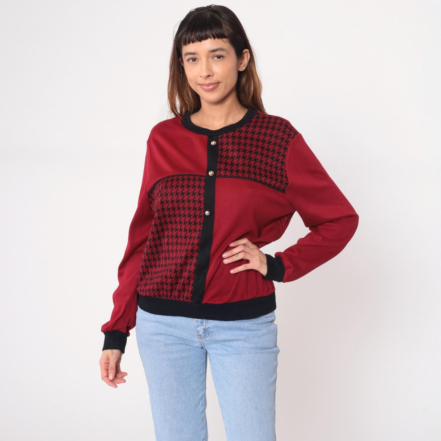 90s Cricket Lane Burgundy Houndstooth Cardigan Black Trim Medium M