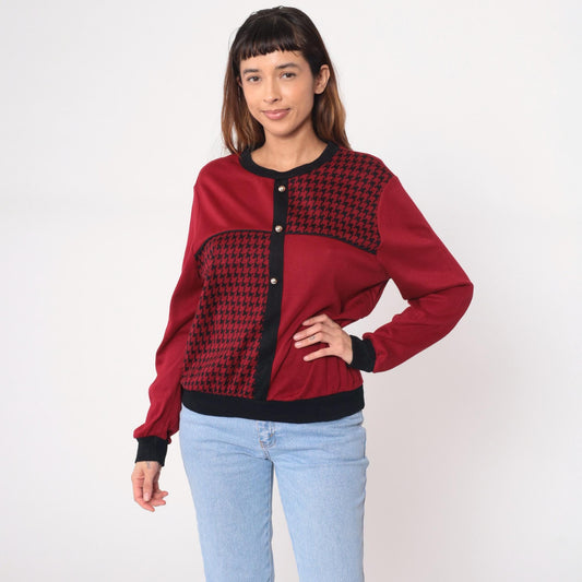90s Cricket Lane Burgundy Houndstooth Cardigan Black Trim Medium M
