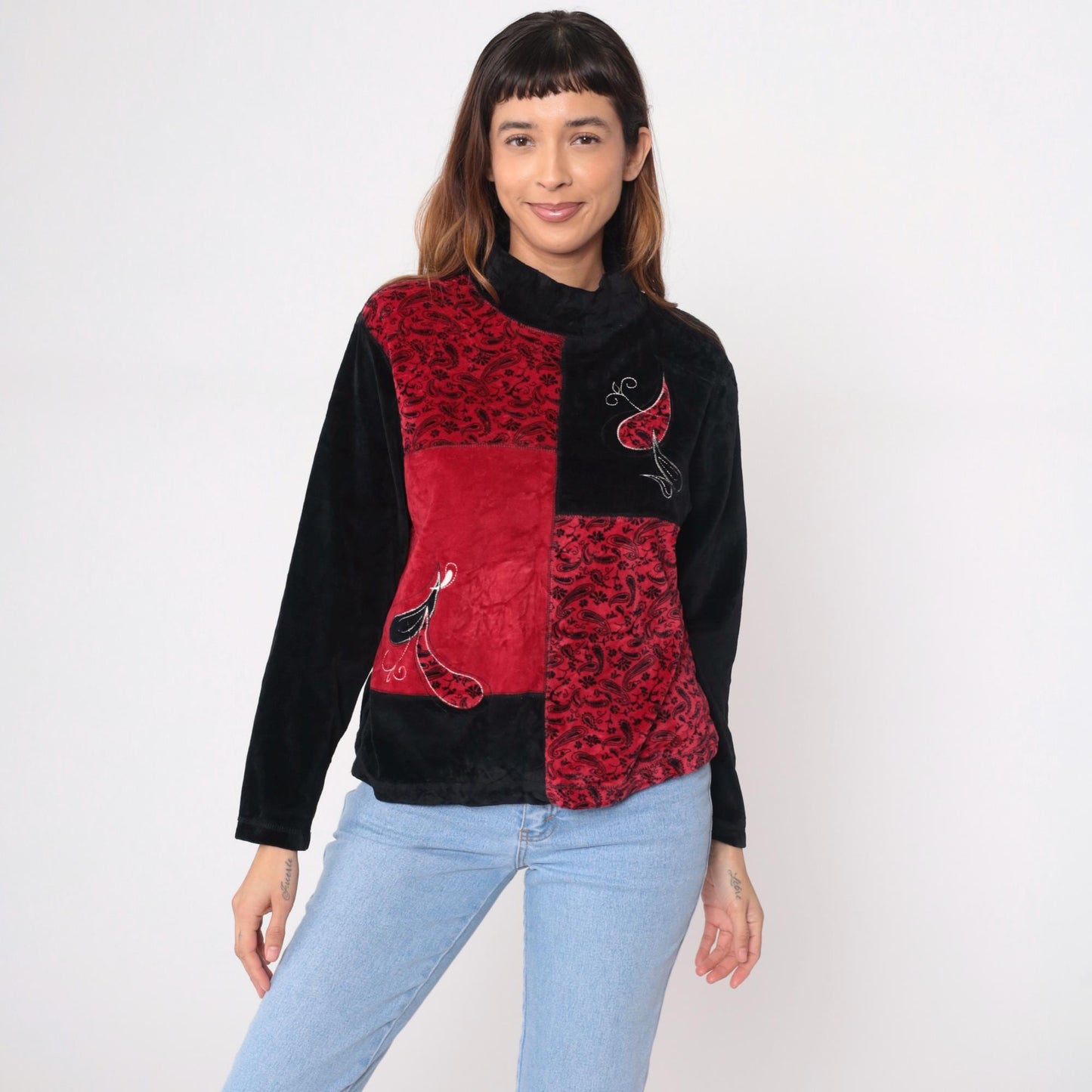 90s Erika Petite Black Velour Mock Neck Patchwork Top Red Paisley Petite Large