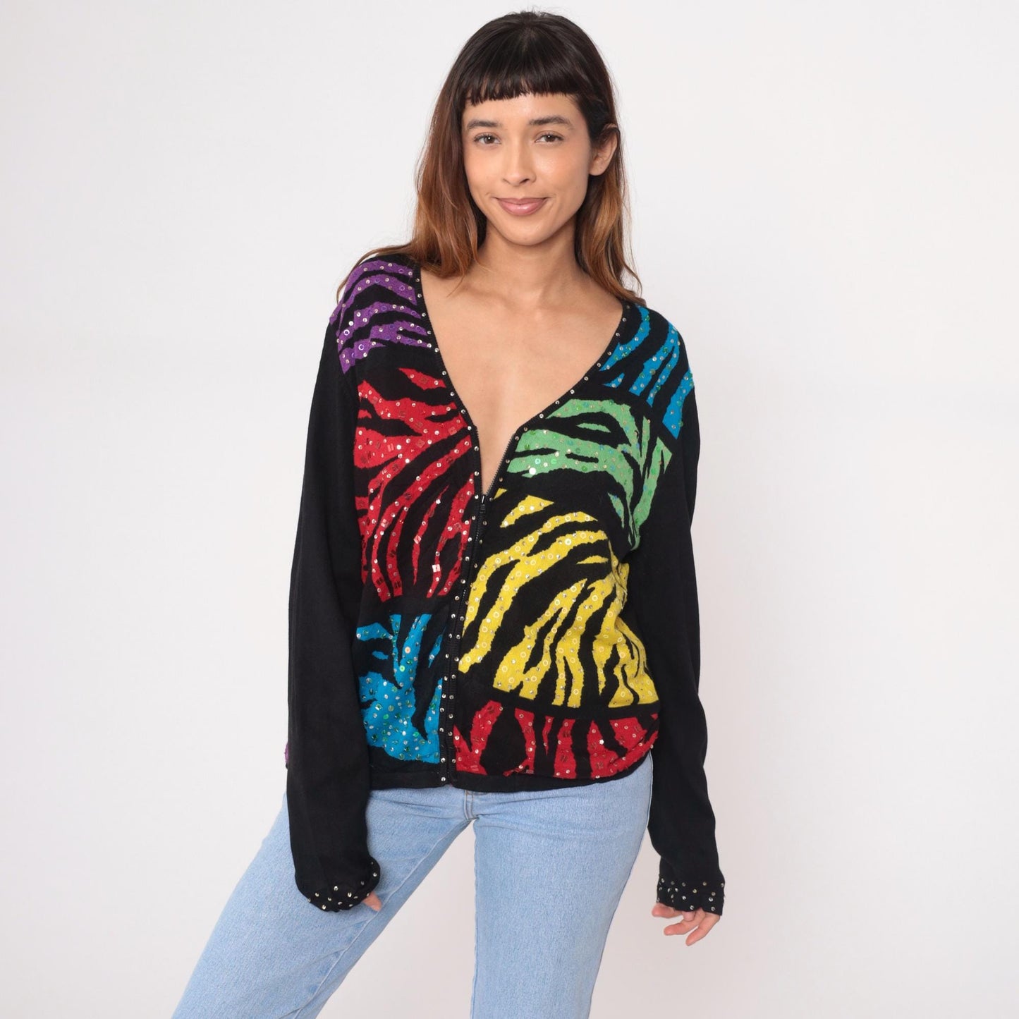 Y2K Jack B Quick Sequin Cardigan Zebra Stripe Multicolor Black Large L
