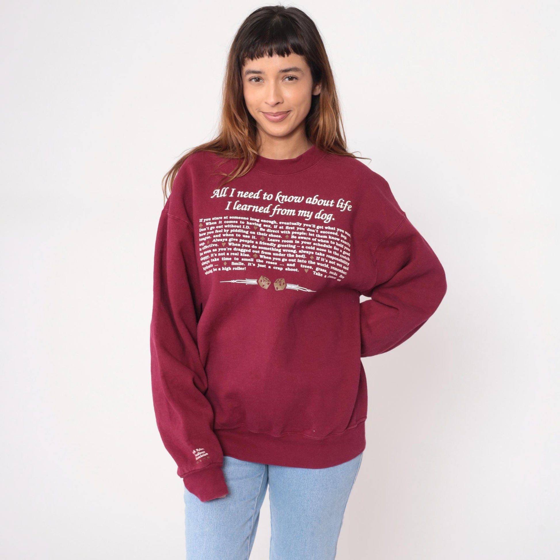90s Fruit of the Loom Dog Life Lessons Sweatshirt Burgundy Large