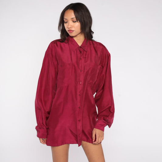 90s Bogari Burgundy Silk Button-Up Shirt Large L