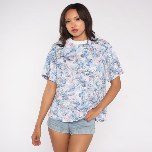 90s Abstract Brushstroke T-Shirt Pastel Blue Pink Grey Small