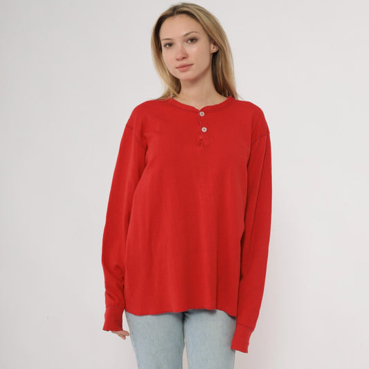 80s LL Bean Red Henley Shirt Cotton Blend Long Sleeve Medium