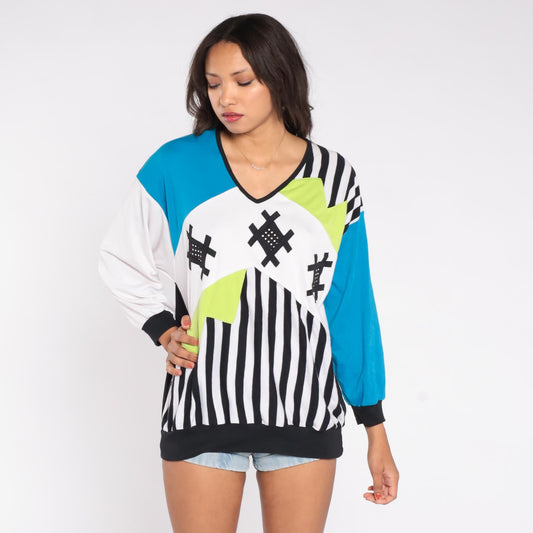 90s Bonnie and Bill Colorblock Sweatshirt Geometric Studs Black Blue Yellow Large