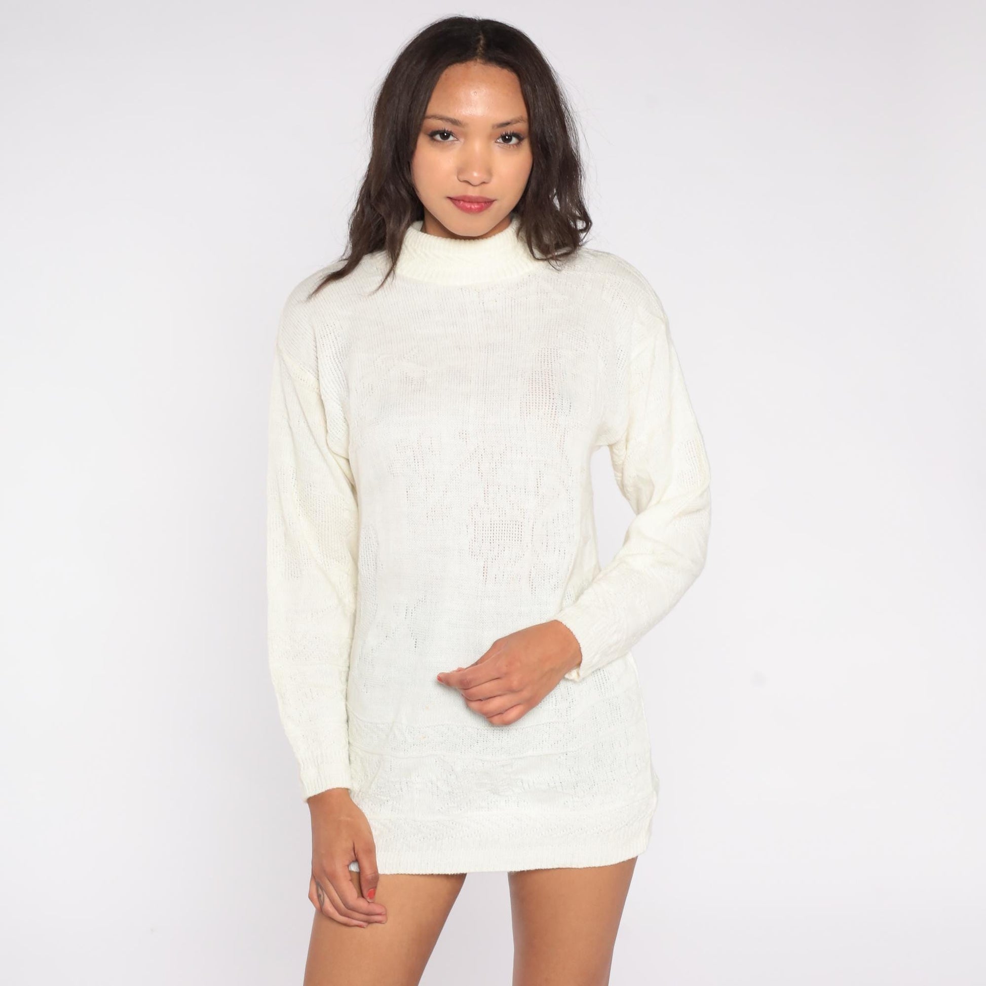 80s Village Fair Cream Mock Turtleneck Knit Sweater Small S