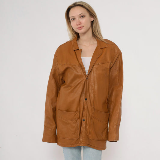 80s Camel Leather Blazer Button Front Patch Pockets Long Sleeve Large L