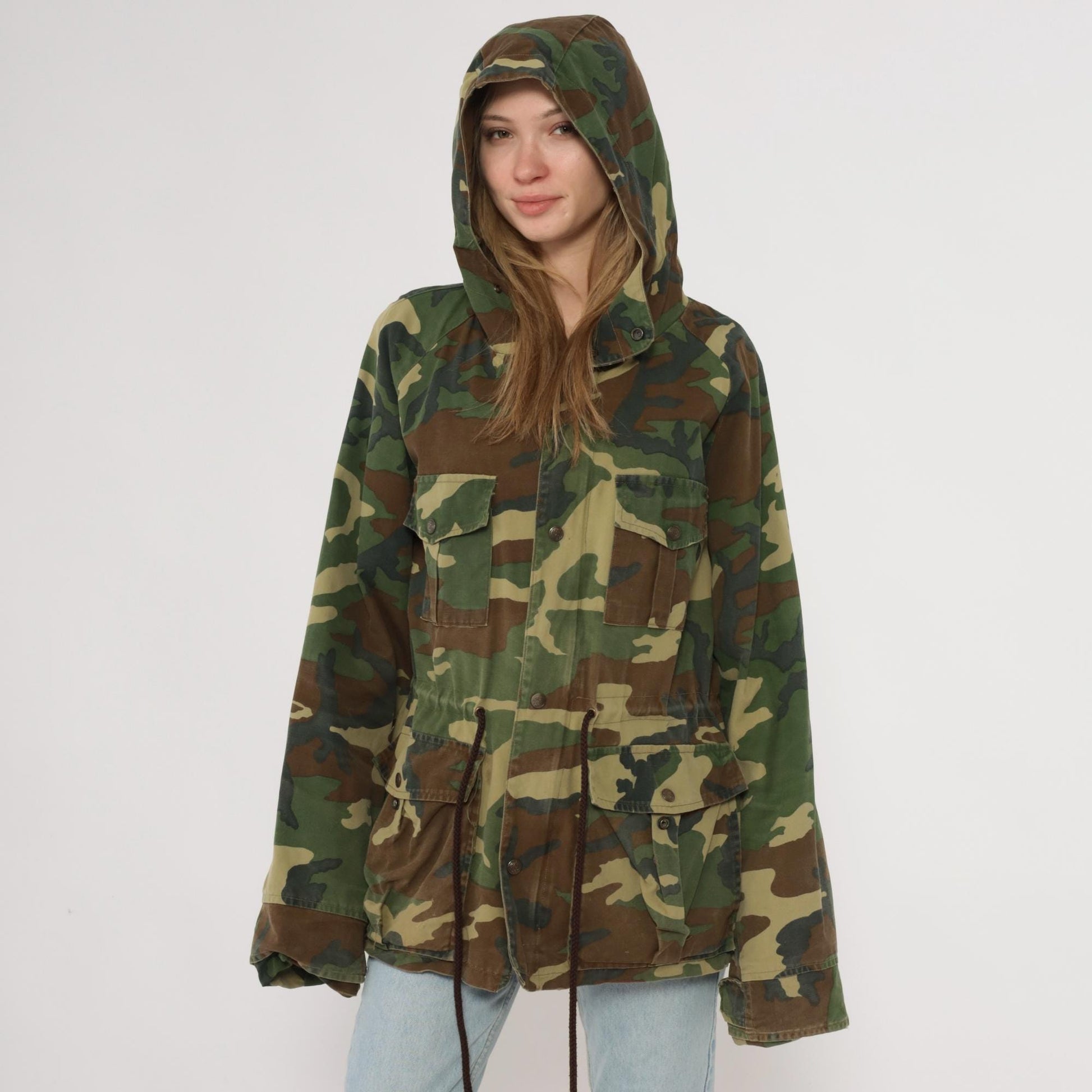 90s Black Sheep Woodland Camo Hooded Jacket Olive Green Cotton Large