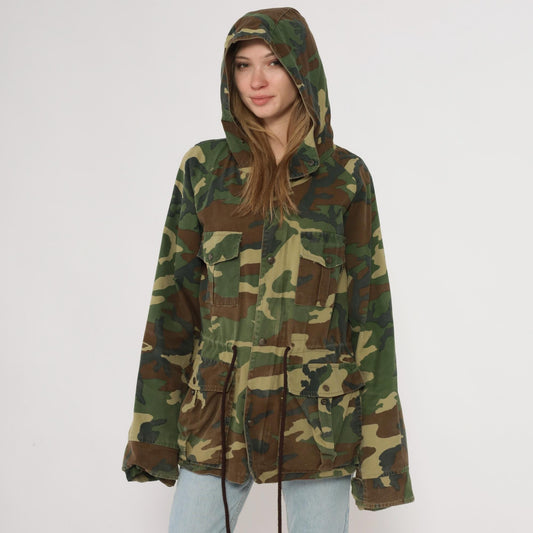 90s Black Sheep Woodland Camo Hooded Jacket Olive Green Cotton Large