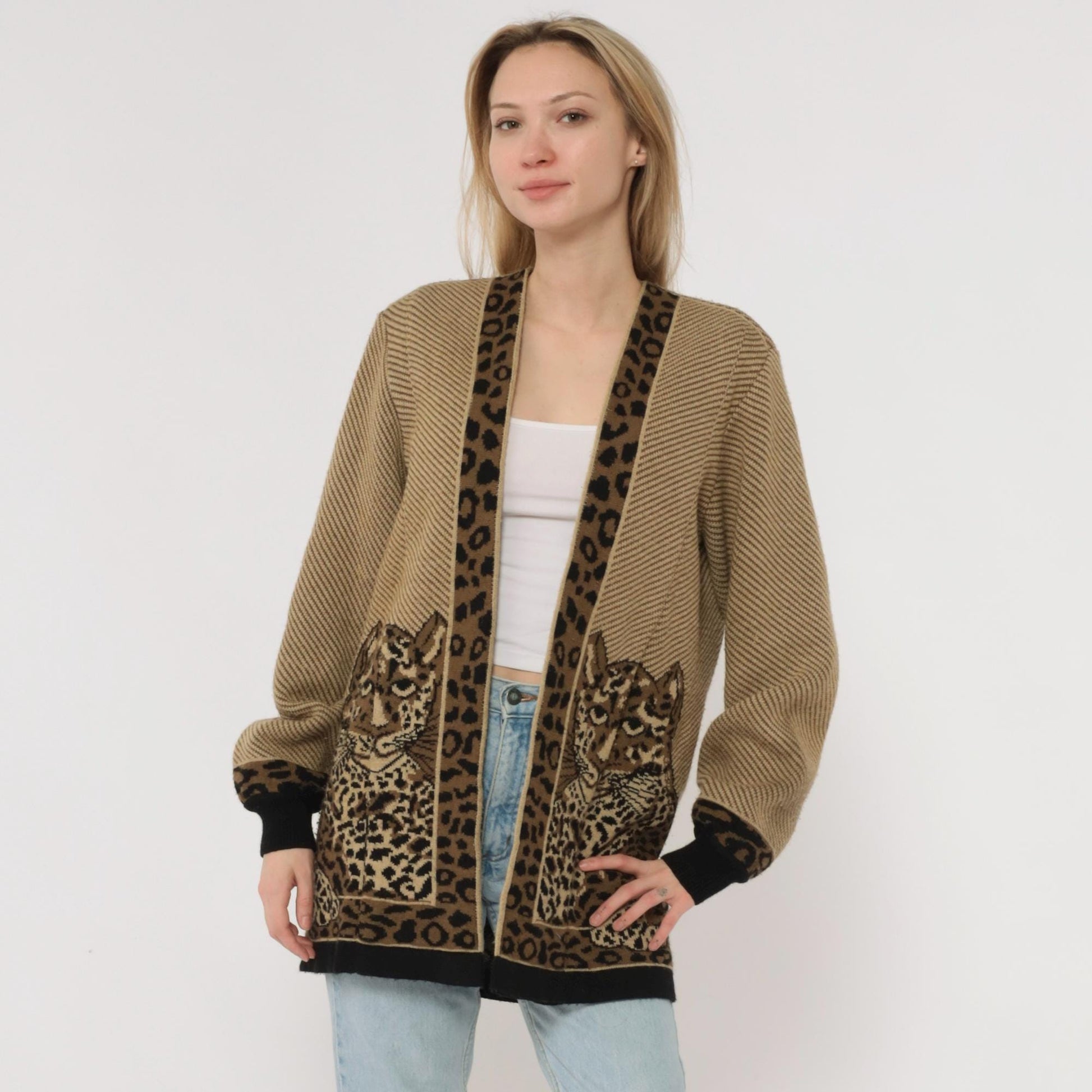 80s Romaye Leopard Cardigan Tan Striped Wool Blend Small S