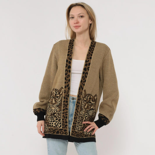 80s Romaye Leopard Cardigan Tan Striped Wool Blend Small S