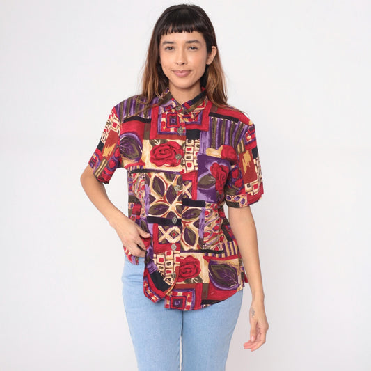 90s Patchwork Abstract Button-Up Shirt Geometric Rose Print Purple Medium