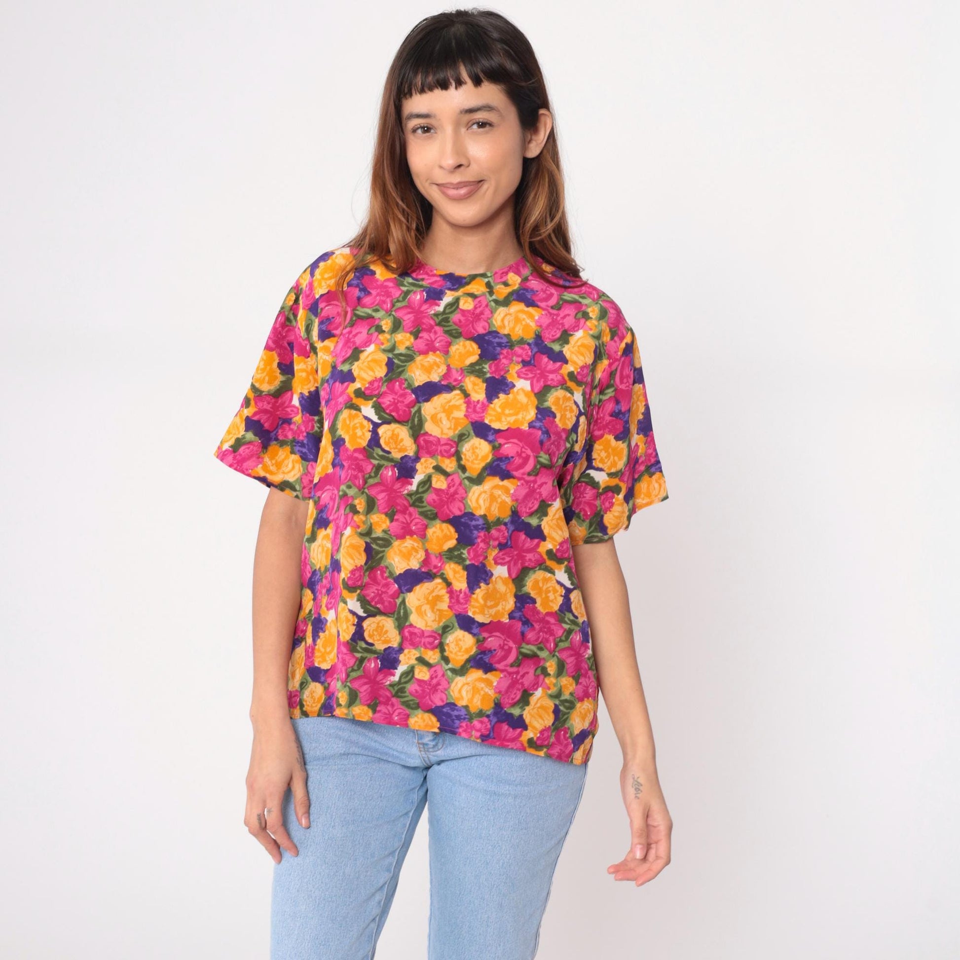90s Winter Silks Floral Blouse Rose Print Royal Blue Short Sleeve Medium