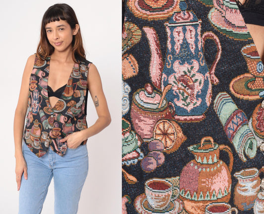 90s Backroad Blues Coffee Tapestry Vest Black Jacquard V-Neck Large L