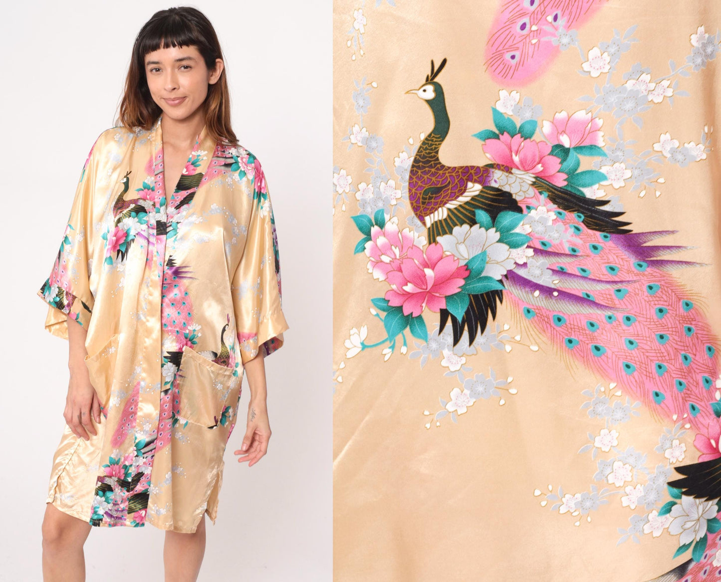 90s Gold Peacock Kimono Robe Knee Length Satin Floral Open Front Medium