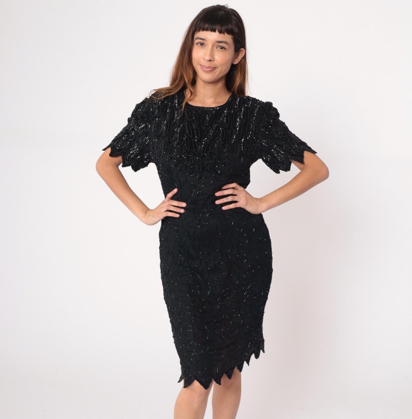 90s Laurence Kazar Black Beaded Silk Cocktail Dress Knee-Length Medium M