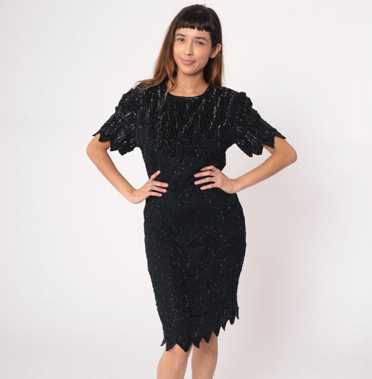 90s Laurence Kazar Black Beaded Silk Cocktail Dress Knee-Length Medium M
