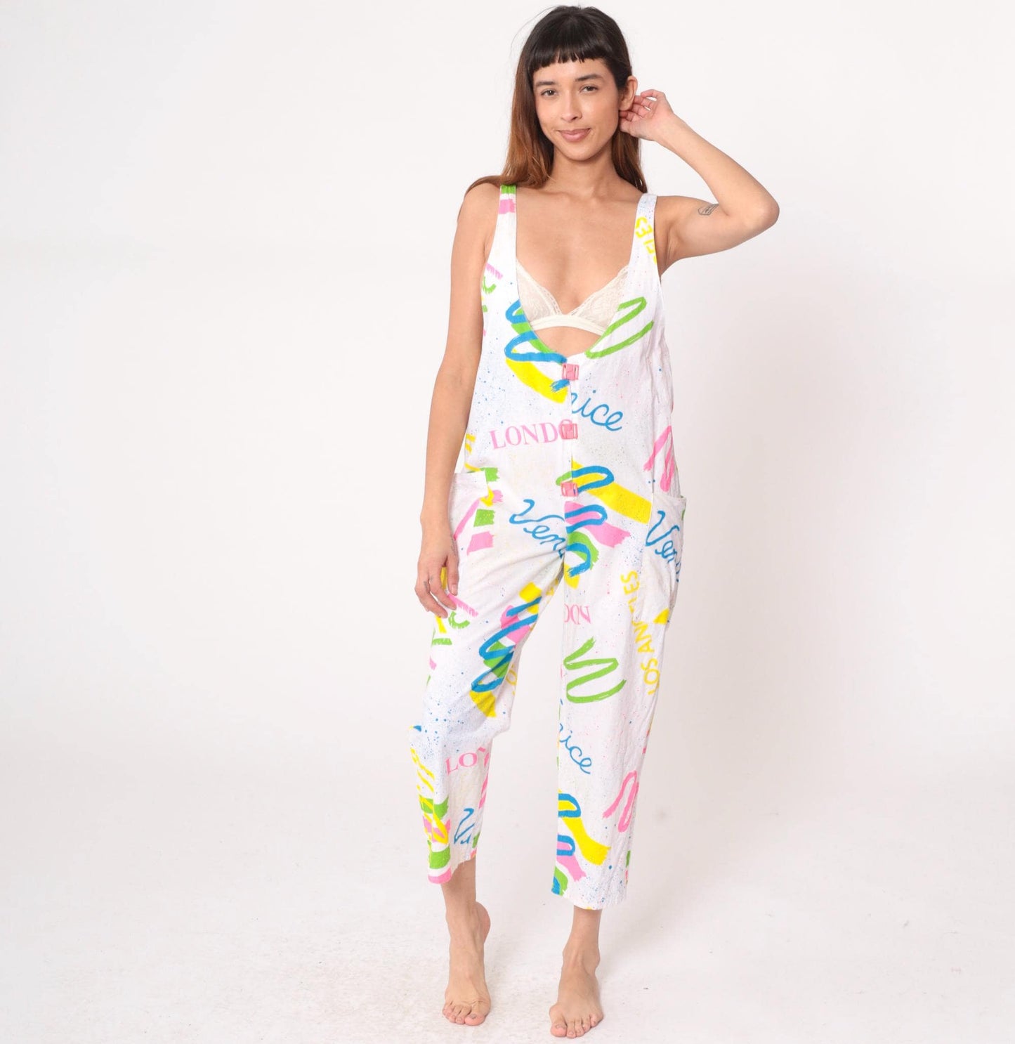 90s White Jumpsuit London Venice Graphic Print Deep V Neck Medium M