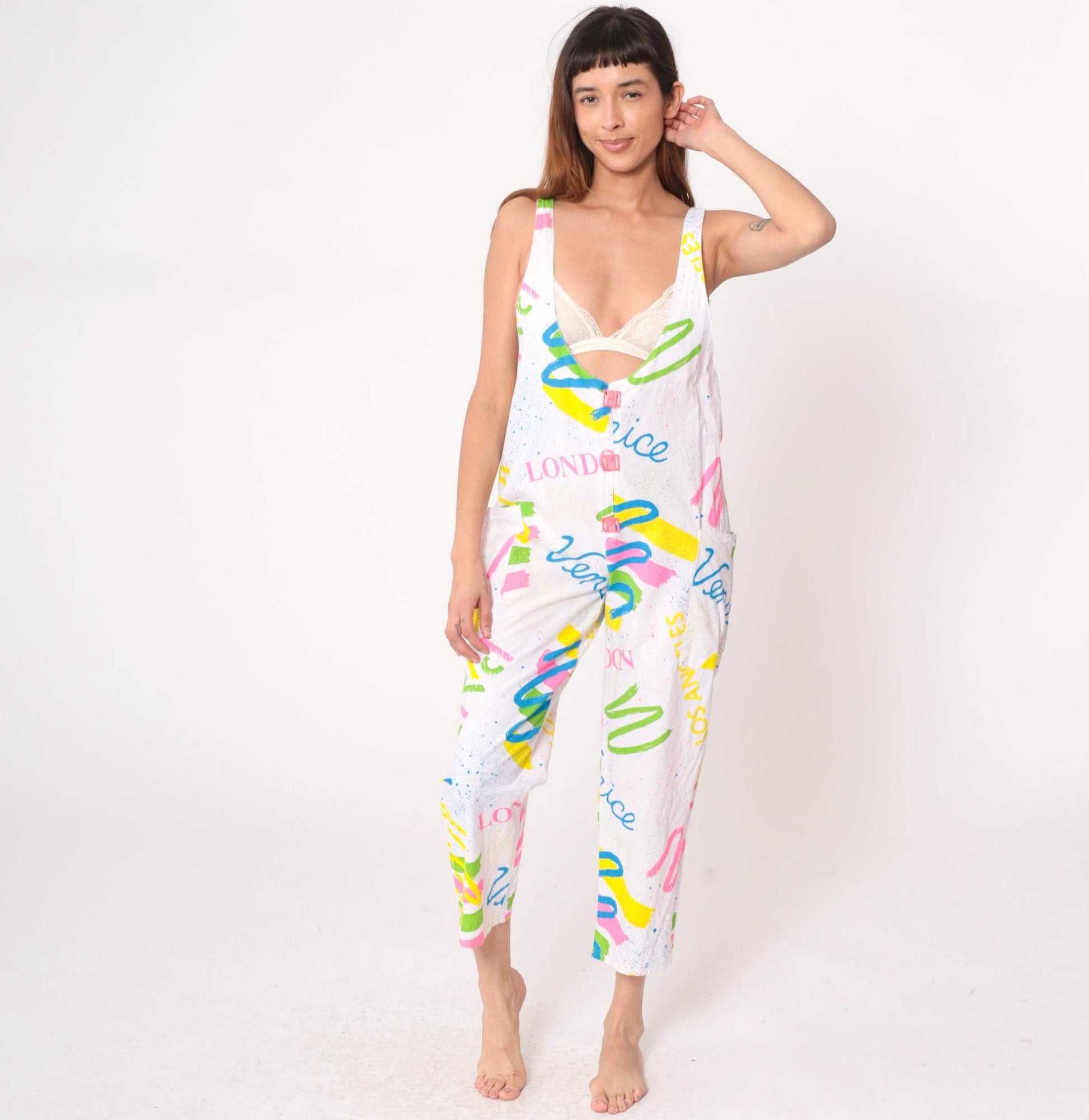 90s White Jumpsuit London Venice Graphic Print Deep V Neck Medium M