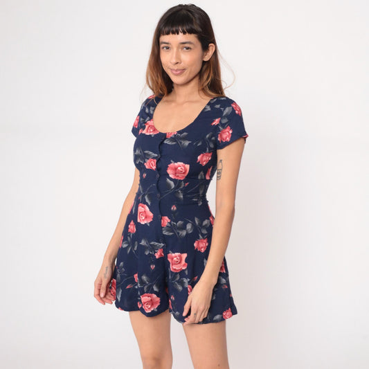 90s Navy Floral Romper Pink Rose Print Button Front Mini Small S