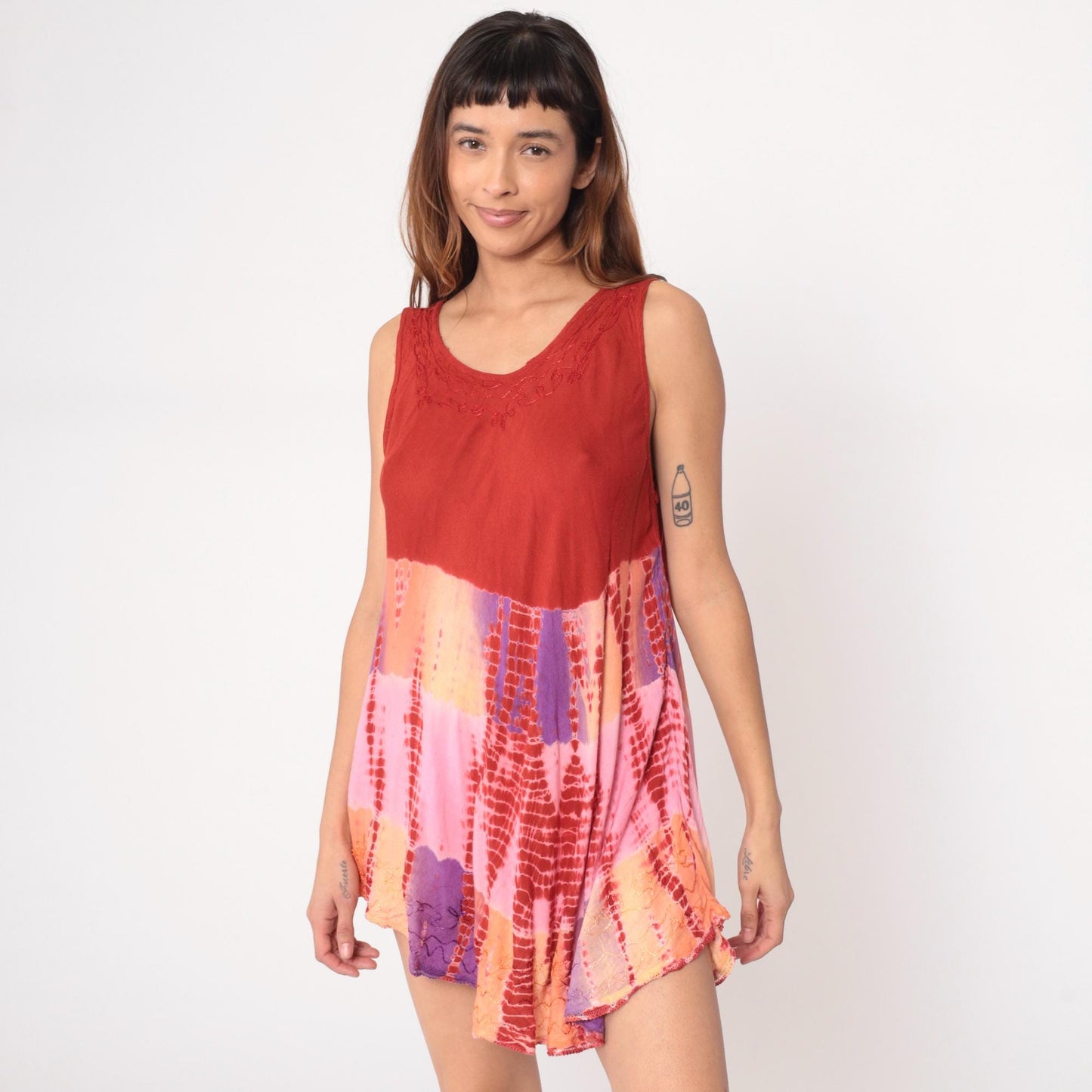 Y2K Tie Dye Mini Dress Red Pink Purple V Neck Sleeveless Medium