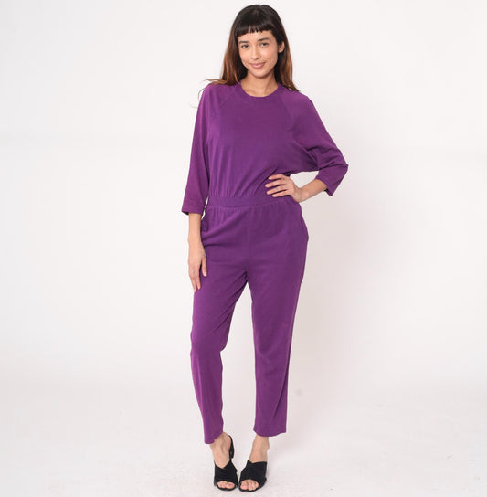 90s Purple Jumpsuit Cotton Raglan Crew Neck Tapered Ankle Medium M