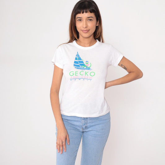 80s Gecko Sailboat Hawaii Graphic Tee White Cotton Hanes Extra Large XL