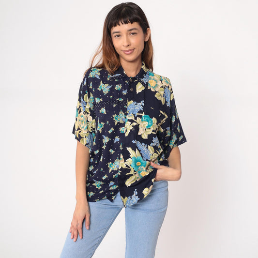 90s Navy Floral Rayon Blouse Turquoise Cream Yellow Flowers Short Sleeve Large
