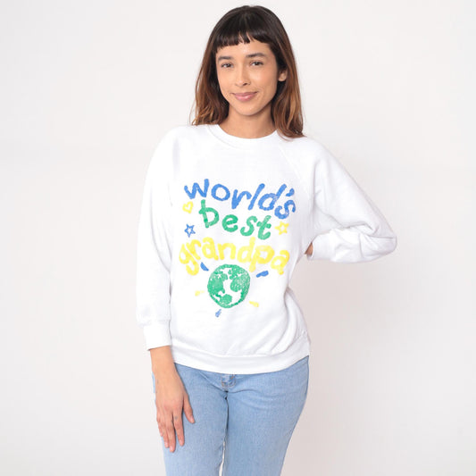 90s Hanes World's Best Grandpa Sweatshirt White Graphic Globe Large L