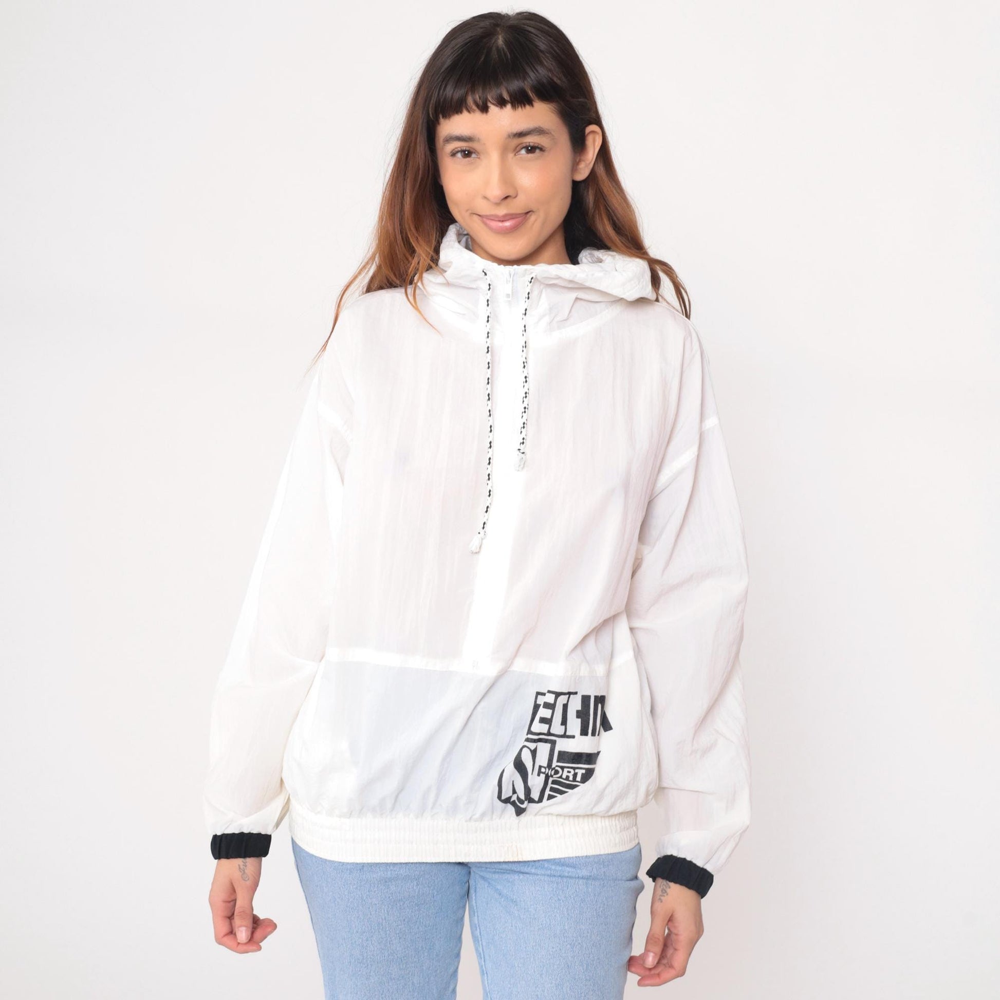90s Techno Sport White Nylon Windbreaker Hooded Jacket Black Trim Small S