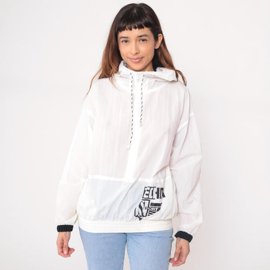 90s Techno Sport White Nylon Windbreaker Hooded Jacket Black Trim Small S