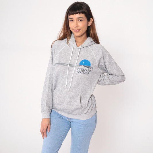 90s Superior Shores Hoodie Grey Cotton Graphic Pullover Kangaroo Pocket Large L