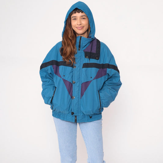 90s Skitique Colorblock Ski Jacket Light Blue Black Purple Hooded Puffer Medium