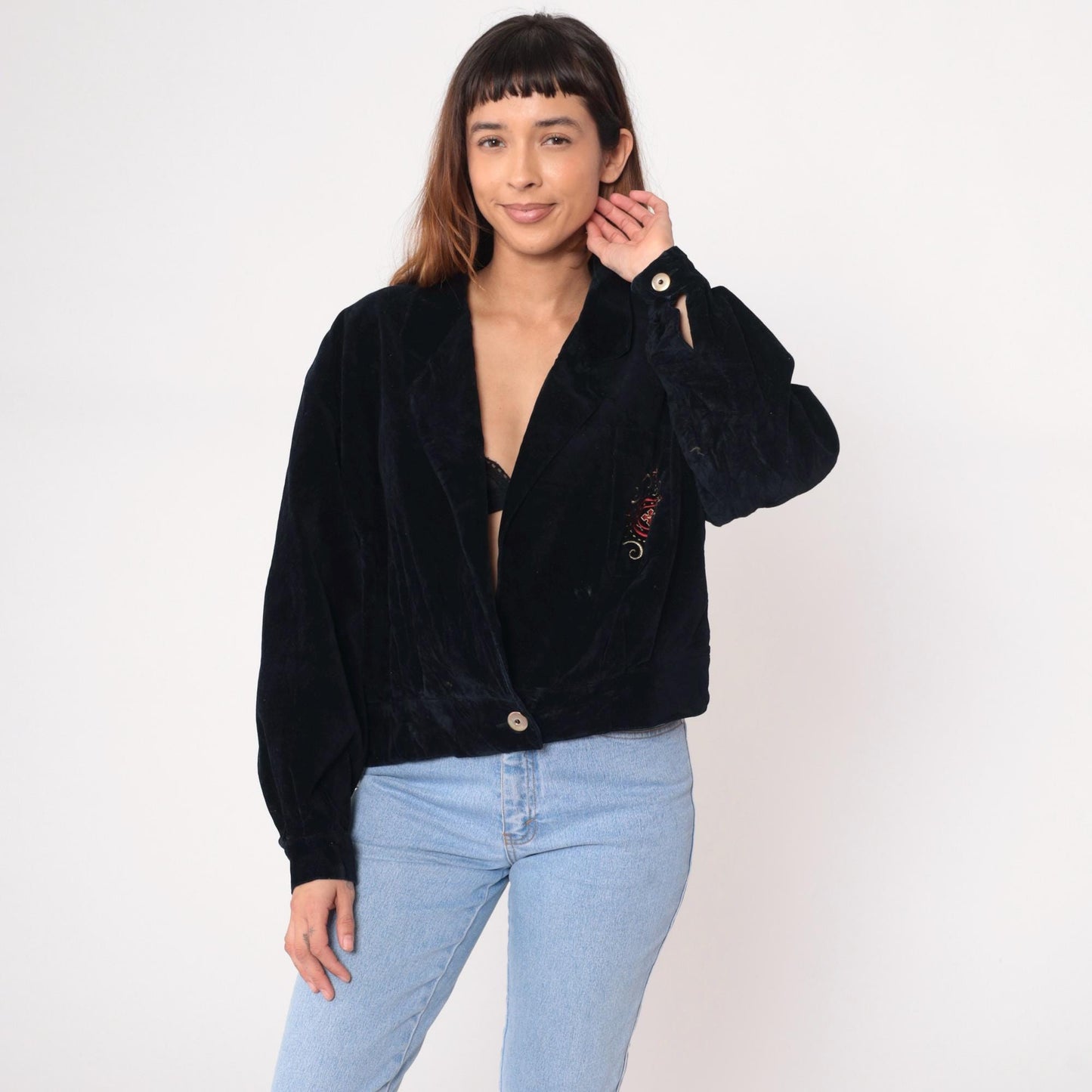 90s Evan Picone Black Velvet Cardigan Embroidered Gold Red Pink Medium M